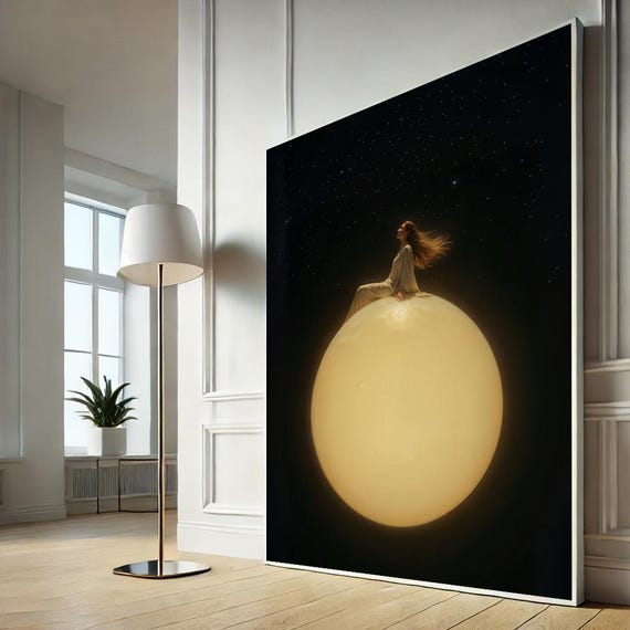 Surreal Woman On Moon Canvas Art Whimsical Night Sky Painting For Bedroom Dreamy Celestial Wall Decor Gift