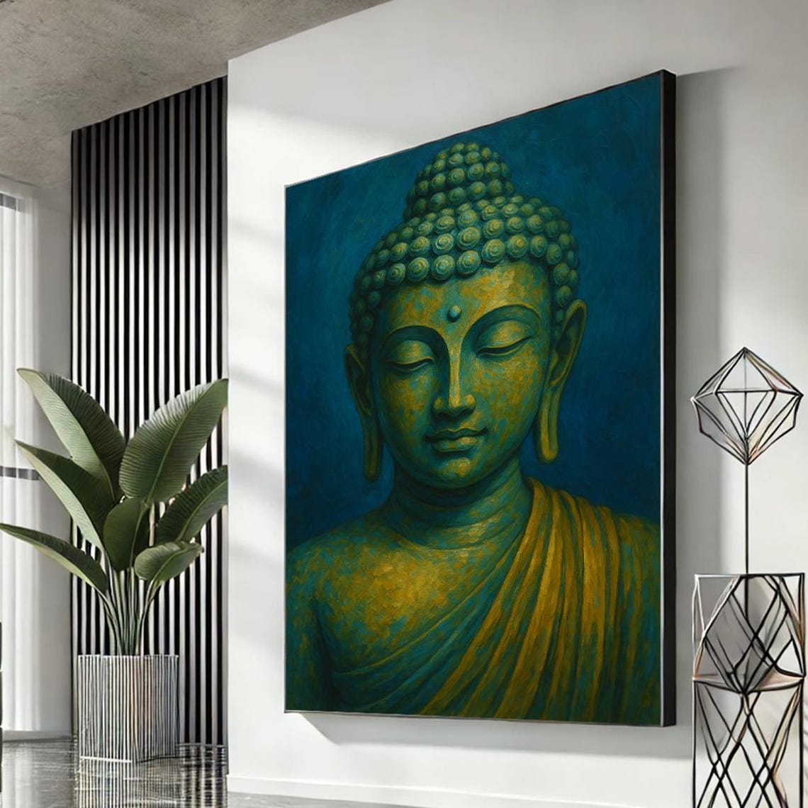 Serene Buddha Canvas Wall Art Tranquil Blue And Gold Spiritual Decor For Living Room Bedroom Mindfulness