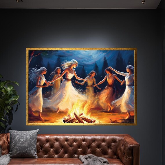 Mystical Fire Dance Canvas Wall Art Enchanted Witches Ritual Large Framed Decor Bohemian Magic Gift Gothic Witchy