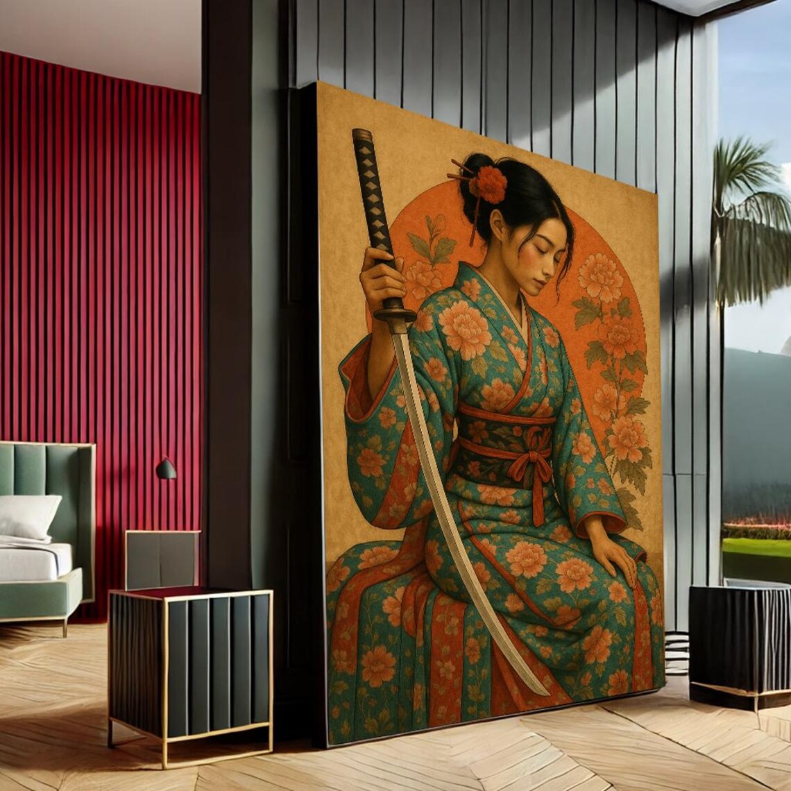 Japanese Kimono Woman Katana Sword Rising Sun Peony Art Poster