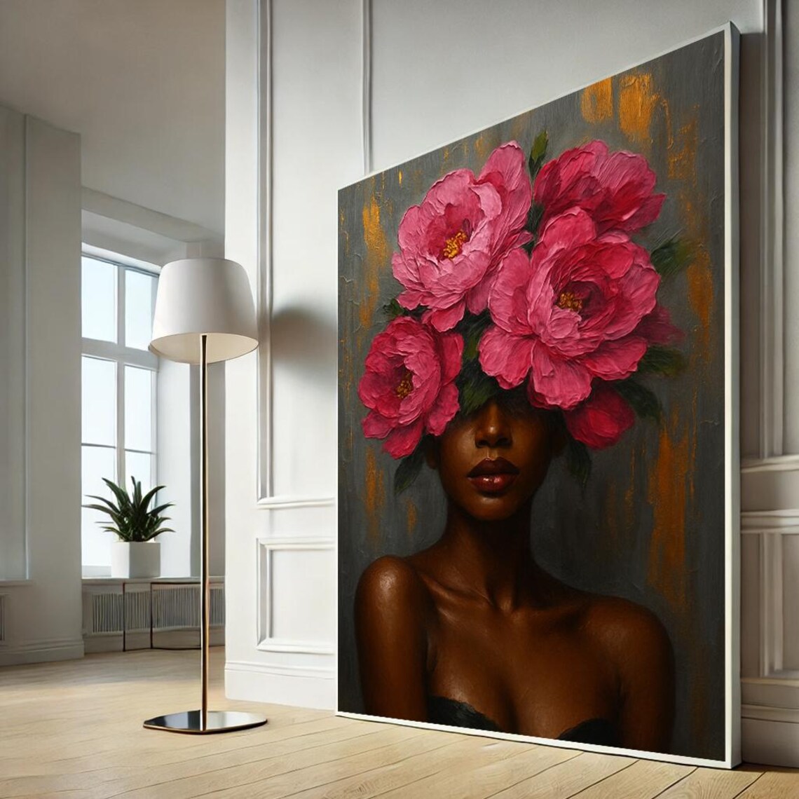 African Woman With Pink Peonies Oil Painting Canvas Art Poster