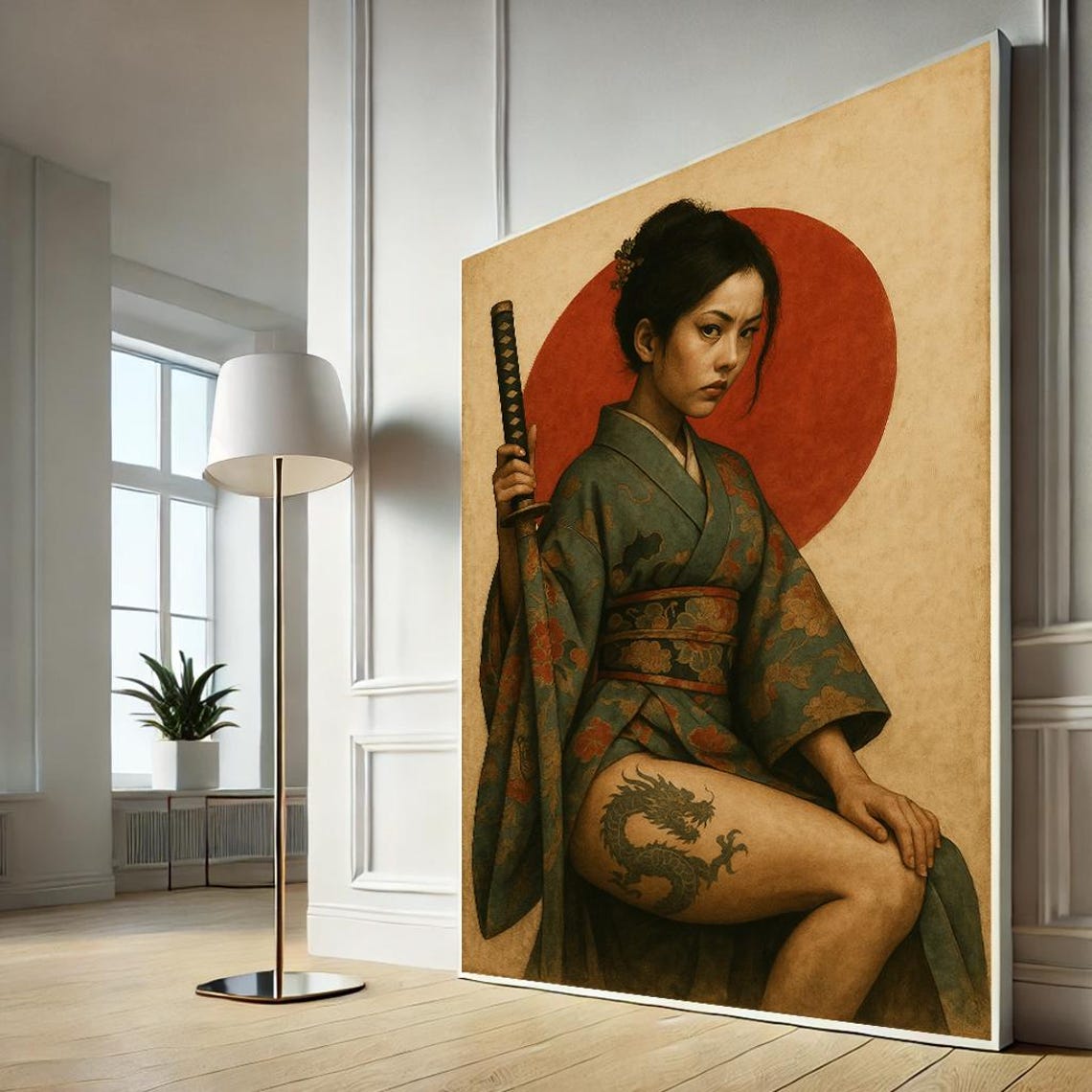 Japanese Samurai Woman with Katana Red Sun Dragon Tattoo Art Poster