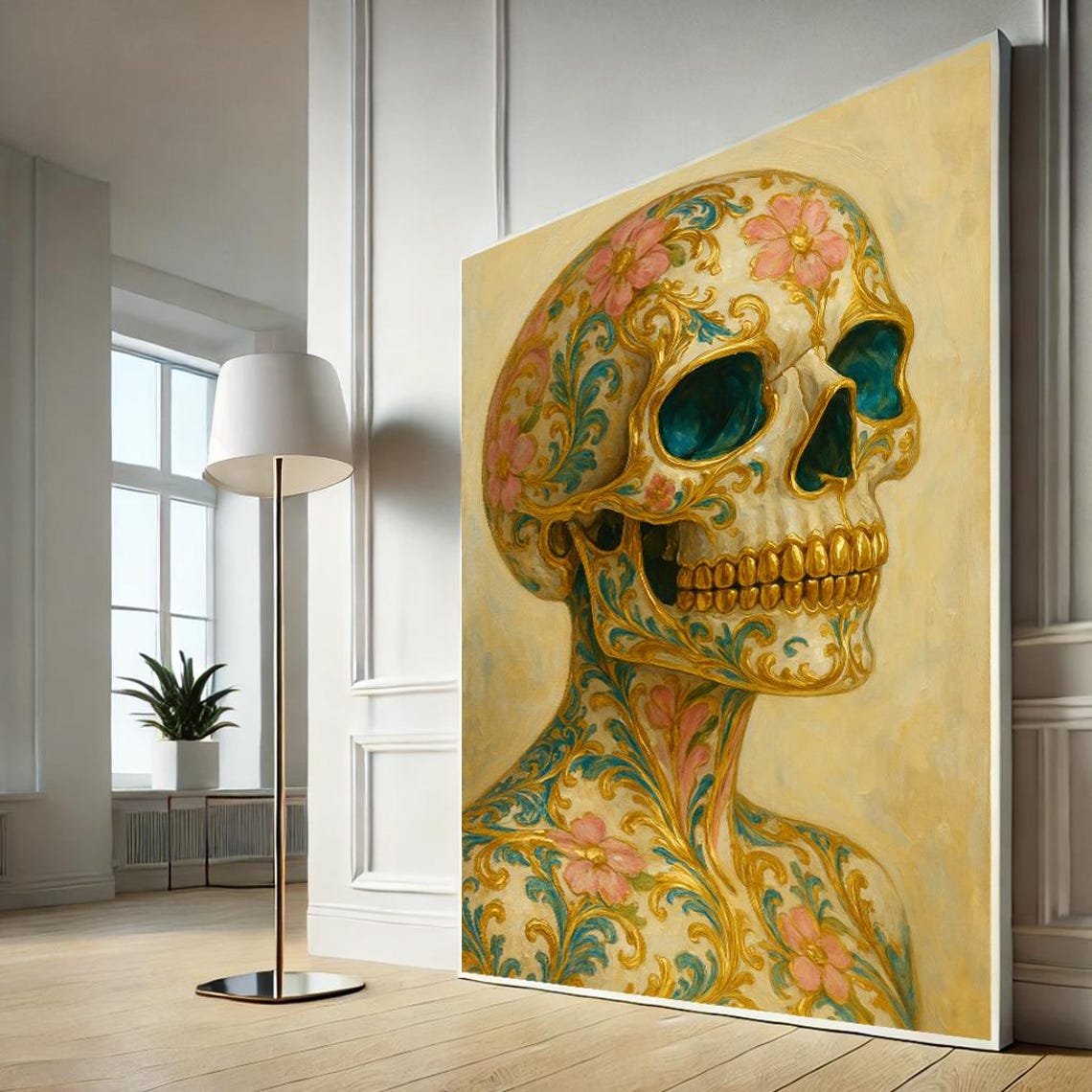Ornate Floral Skull Gold Boho Gothic Skeleton Wall Decor Poster