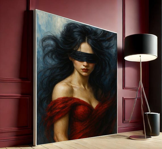 Elegant Blindfolded Woman Canvas Wall Art Captivating Red And Blue Portrait For Living Room Decor Ready To Hang Gift