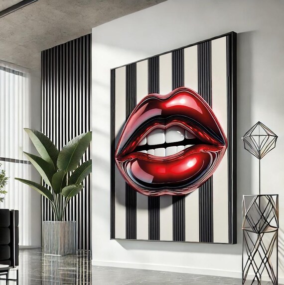 Glossy Red Lips Bold Vertical Stripes Pop Art Fashion Poster