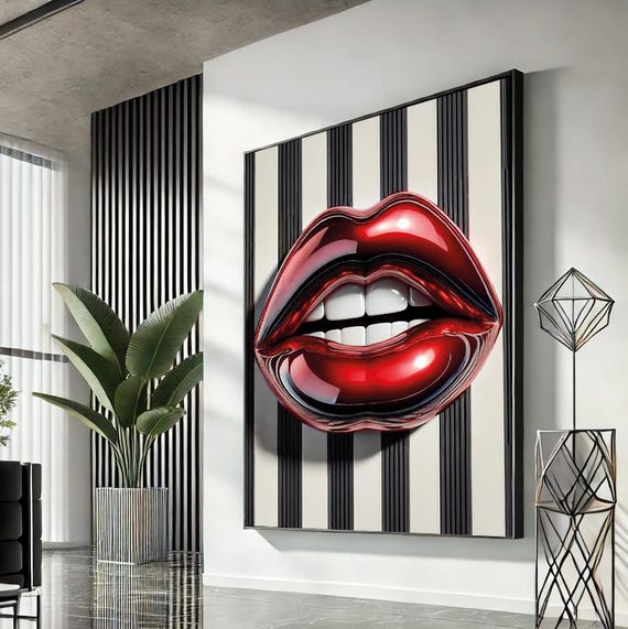 Woman Lips Pop Art Canvas Red Wall Modern Trendy Fashion Artwork Statement Home Accent Unique Gift For Lovers