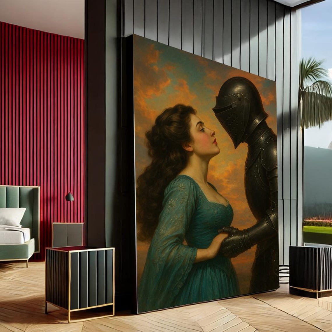 Romantic Knight Lady Vintage Wall Art Medieval Love Story Oil Painting