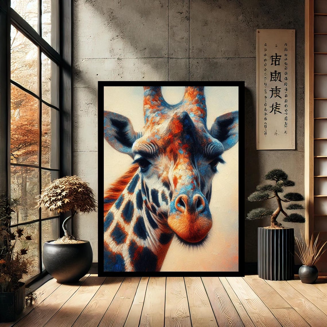 Vibrant Giraffe Face Abstract Blue and Orange Modern Wall Art