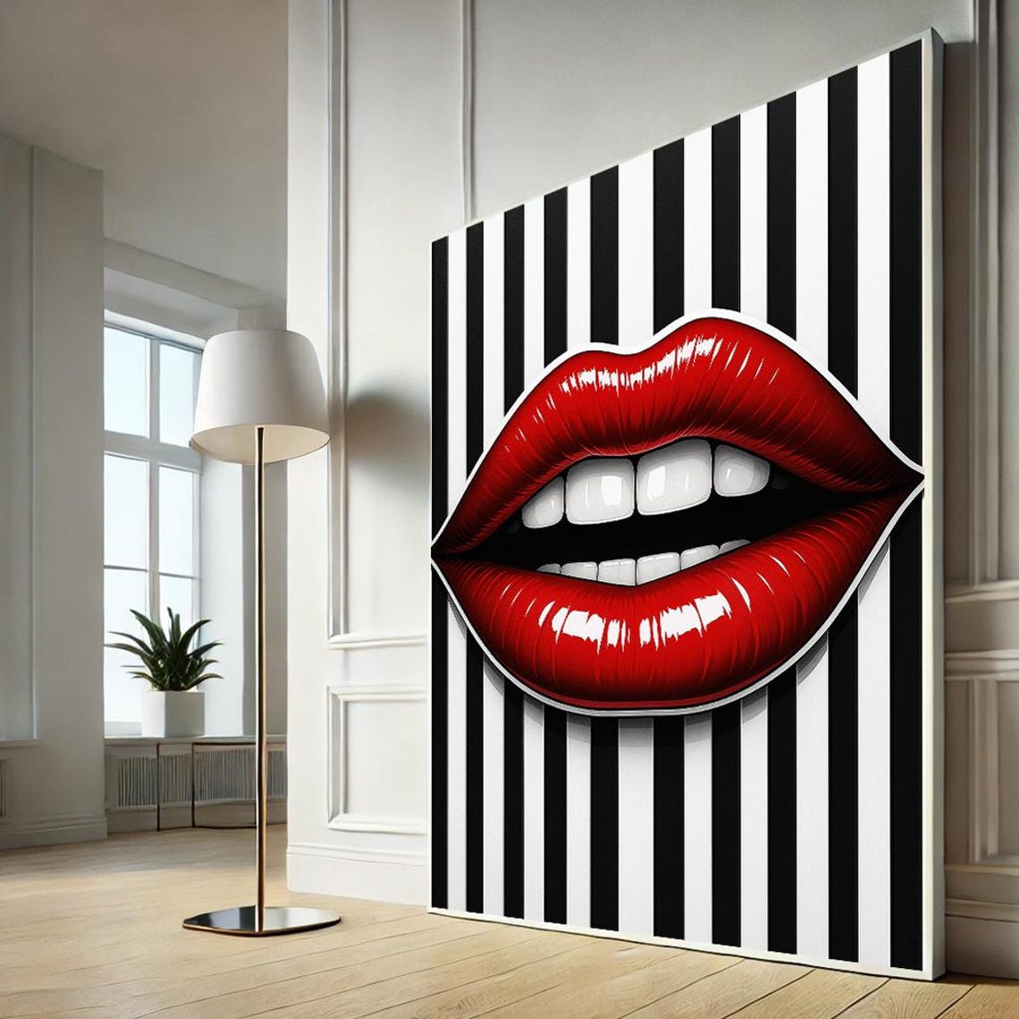 Red Lips Pop Art Black White Striped Glam Modern Wall Poster
