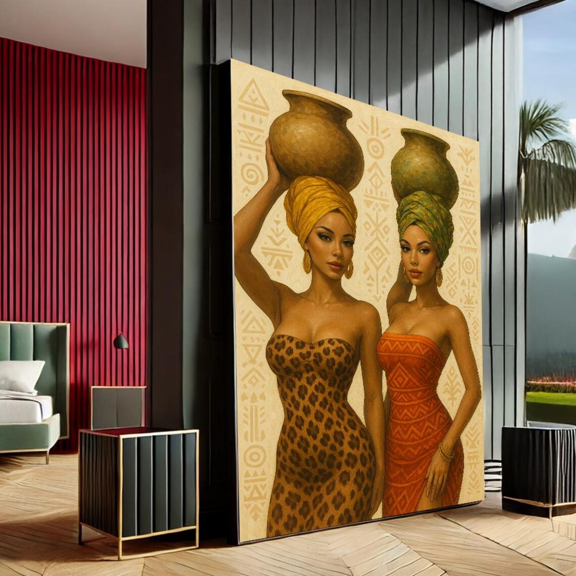 African Women Carrying Clay Pots Traditional Tribal Art Poster