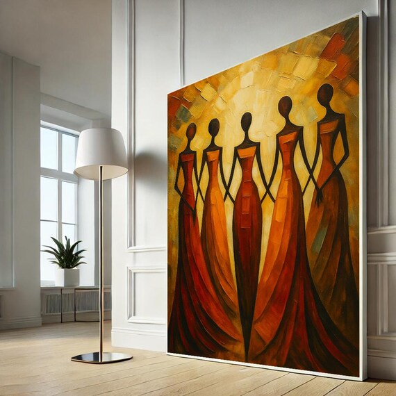 African Sisterhood Five Women Golden Red Abstract Painting Poster