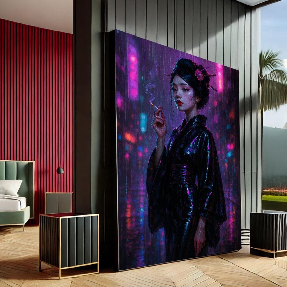 Neon Noir Geisha Rainy City Night Cinematic Asian Portrait Art Poster