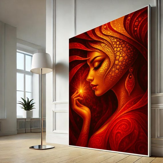 Majestic Surreal Woman Canvas Art Fiery Red And Gold Wall Decor For Bedroom Bold Ethnic Home
