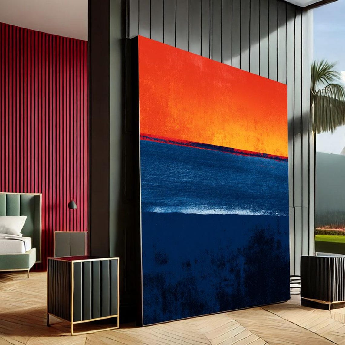 Orange Red Over Deep Blue Abstract Color Field Modern Canvas Wall Art