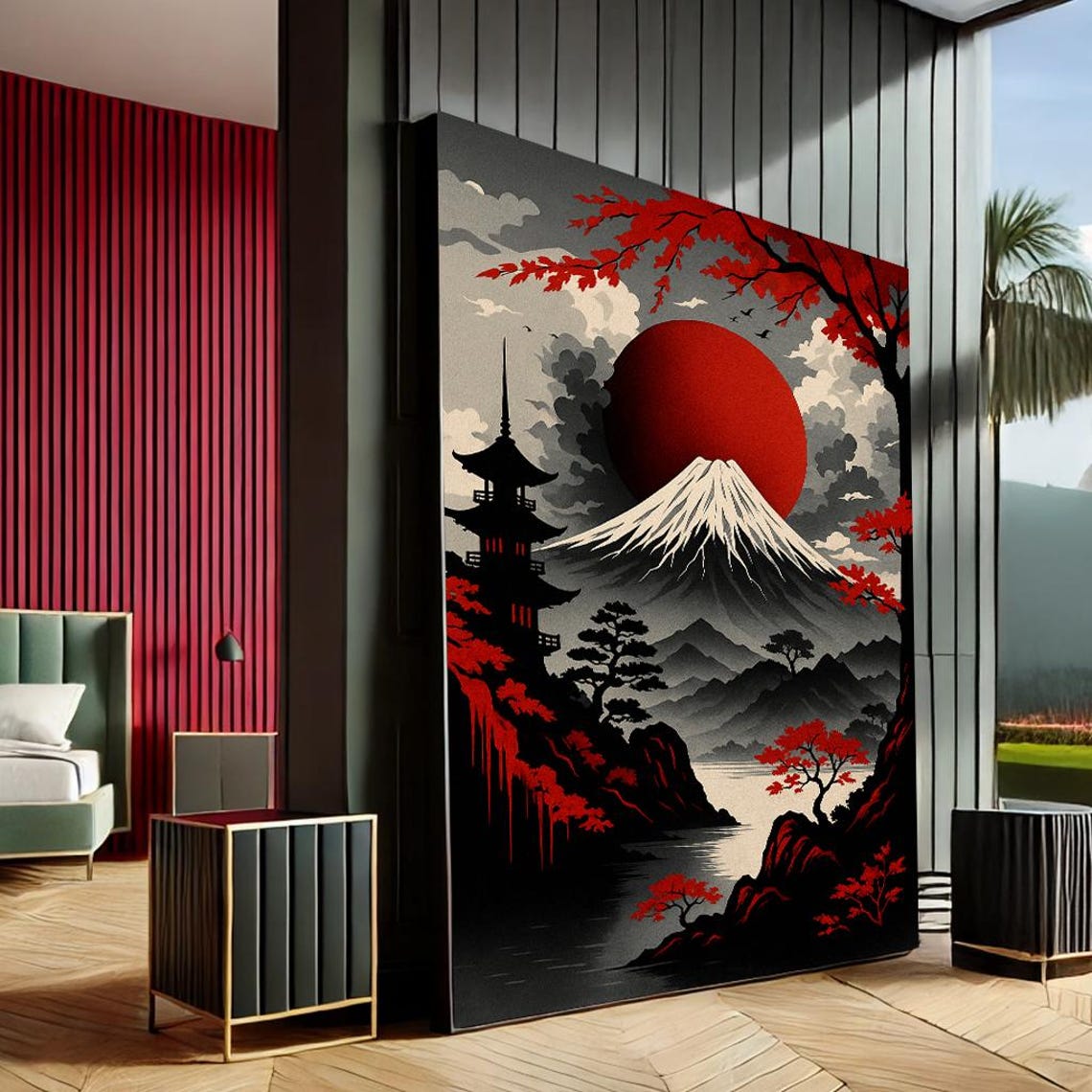 Mount Fuji Red Sun Pagoda Red Maple Japanese Landscape Print