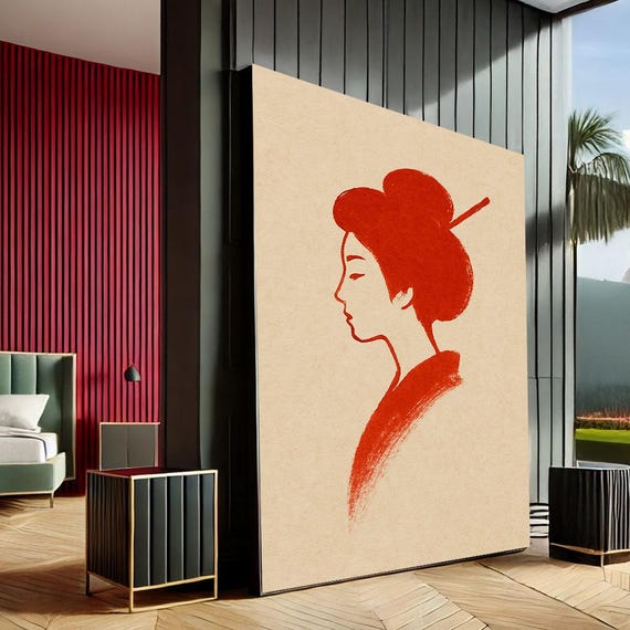 Japanese Geisha Silhouette Canvas Wall Art Print Minimalist Red Bedroom Decor Statement Piece