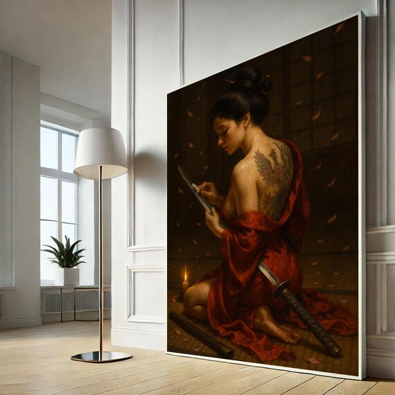 Samurai Woman Red Robe Phoenix Tattoo Katana Candlelight Japanese Wall Art
