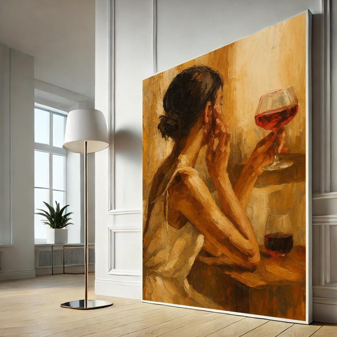 Woman Savoring Red Wine Golden Impressionist Painting Poster