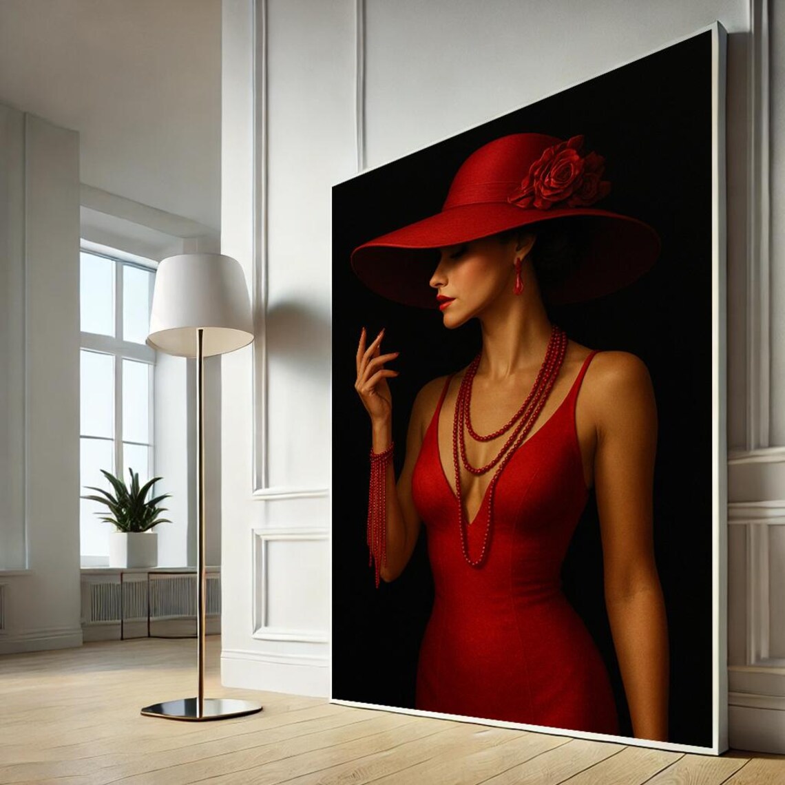 Lady in Red Elegant Red Dress Wide Brim Hat Glamour Portrait Art Poster