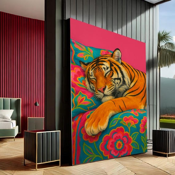 Vibrant Tiger Pop Art Canvas Wall Print Pink Orange Living Room Decor Statement Piece