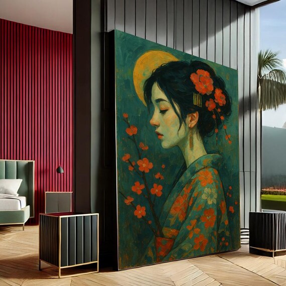 Serene Geisha Portrait Green Kimono Blossom Vintage Canvas Wall Art