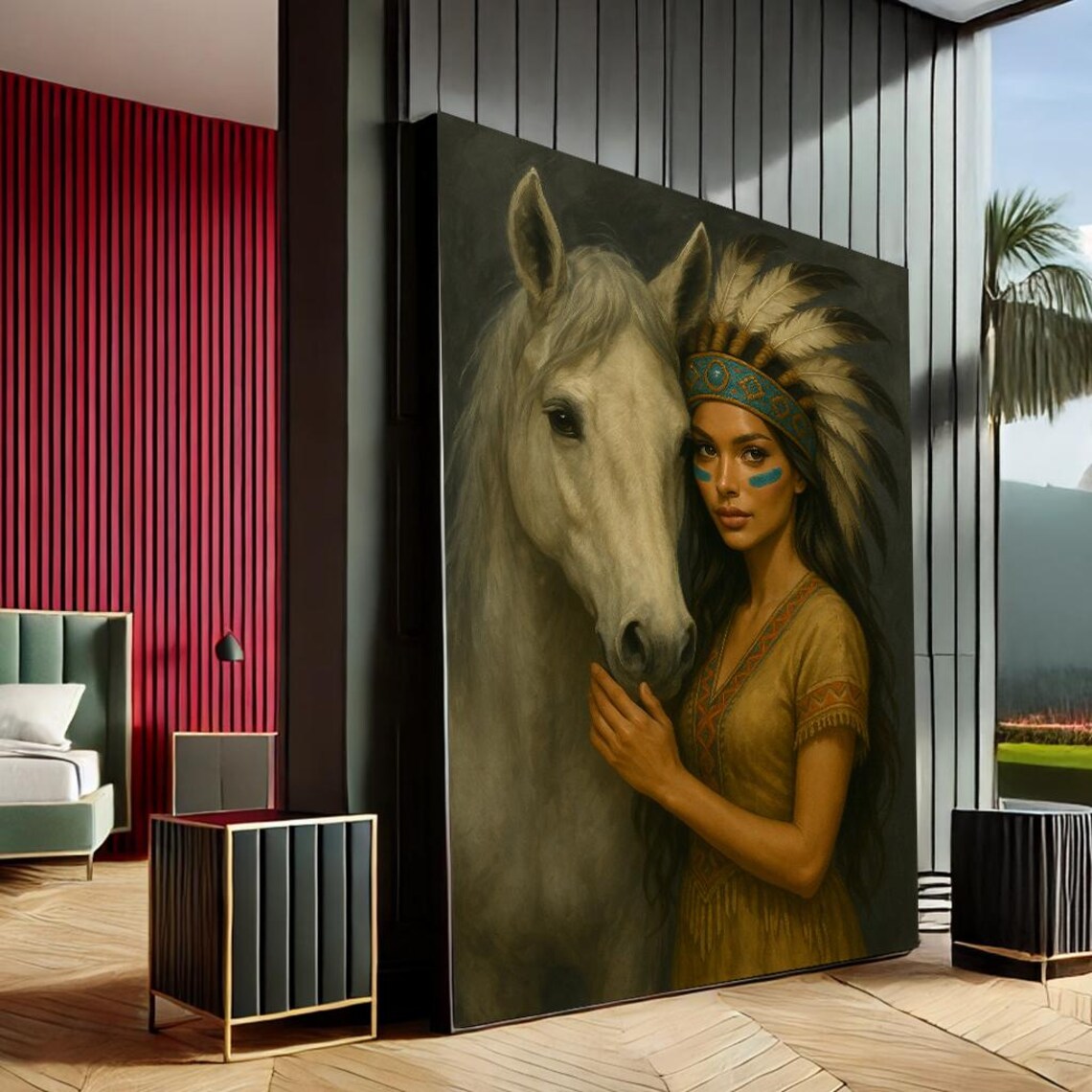 Native Woman Feather Headdress White Horse Earthy Portrait Art Poster