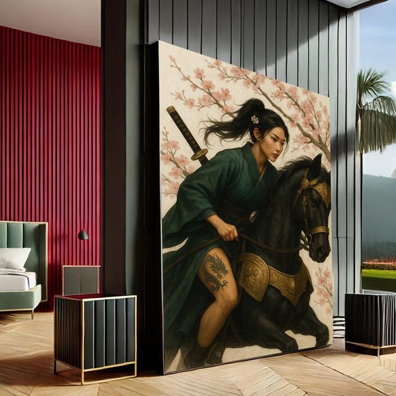 Empowering Samurai Woman Modern Canvas Wall Art Print Green Pink Living Room Decor Statement Piece