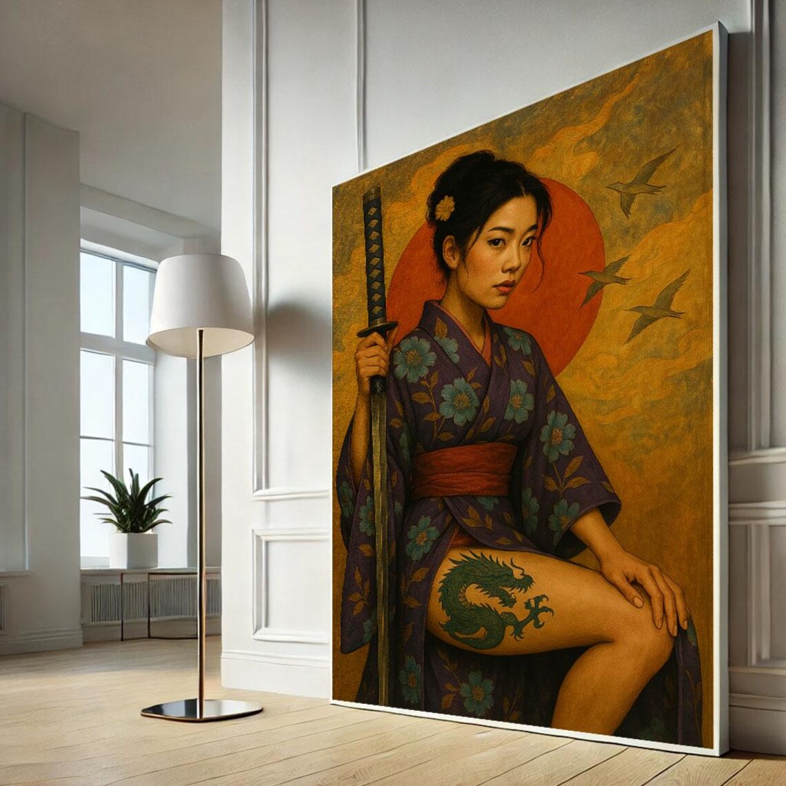 Japanese Woman in Kimono Holding Katana Red Sun Dragon Tattoo Poster
