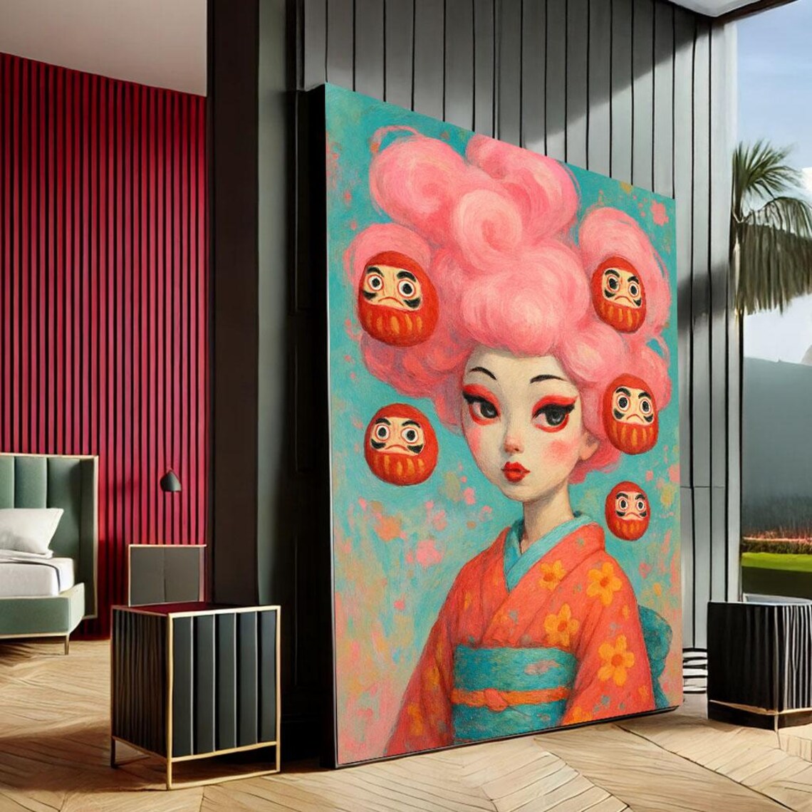 Surreal Geisha Pink Hair Daruma Dolls Japanese Pop Art Wall Art