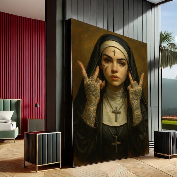 Tattooed Nun Gothic Portrait Edgy Dark Religious Art Statement Print