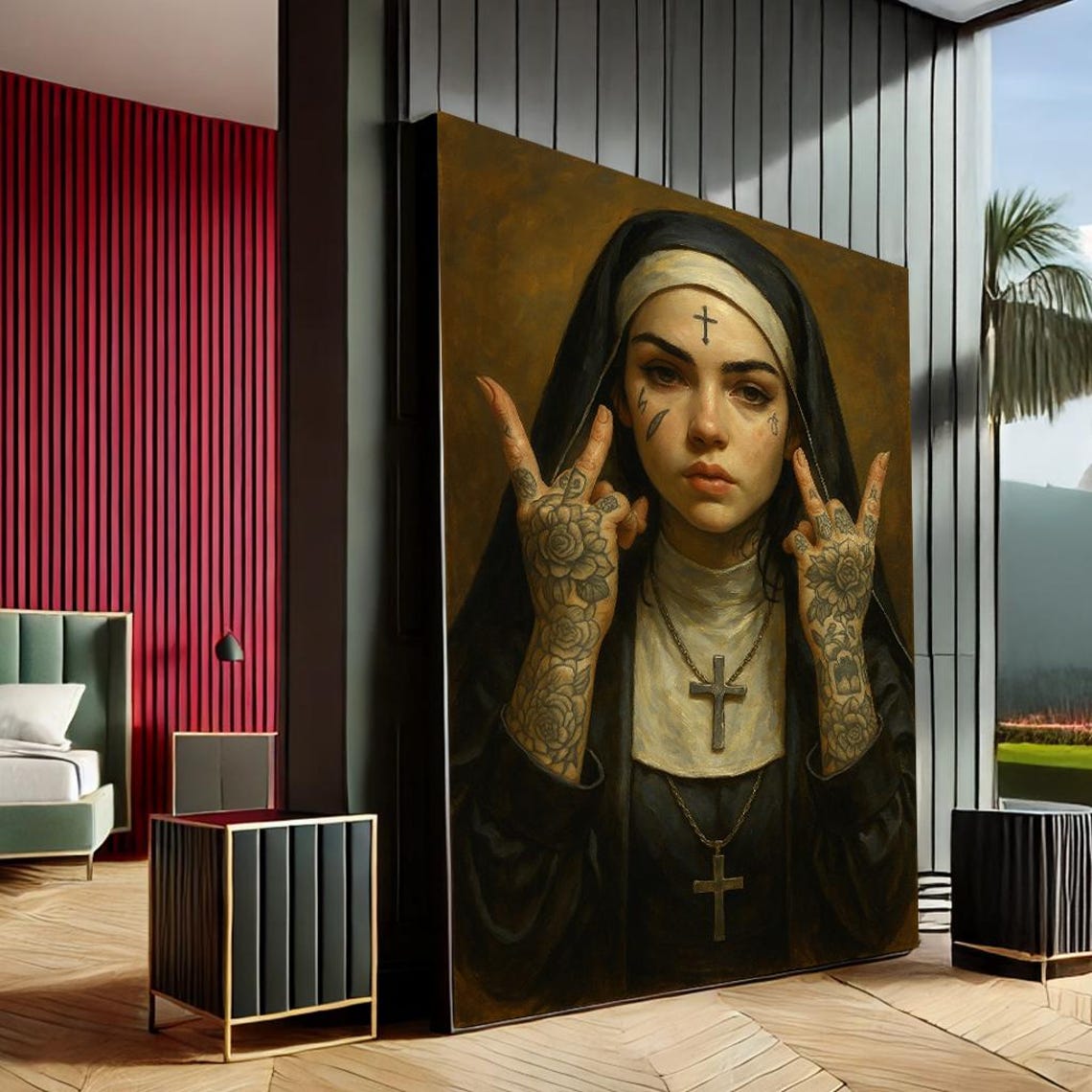 Tattooed Nun Gothic Portrait Edgy Dark Religious Art Statement Print