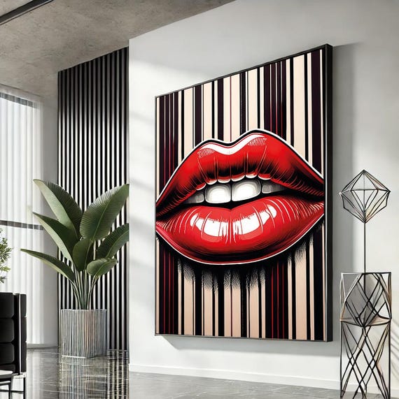 Woman Lips Pop Art Canvas Red Wall Modern Trendy Fashion Artwork Statement Home Accent Unique Gift For Lovers