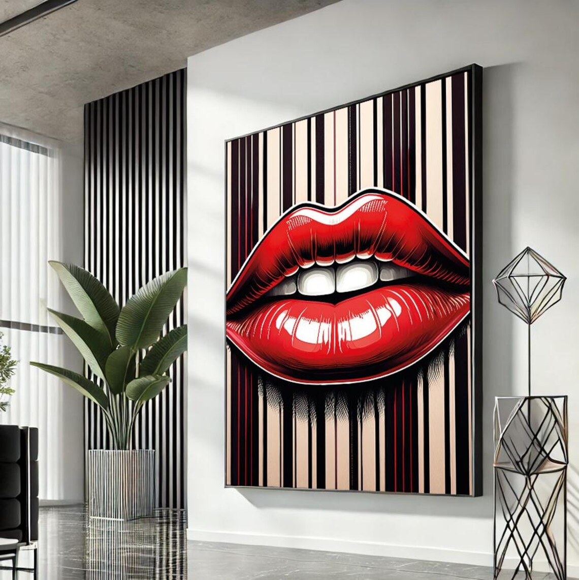 Red Lips Pop Art Black Cream Red Stripe Glamorous Modern Decor Wall Art