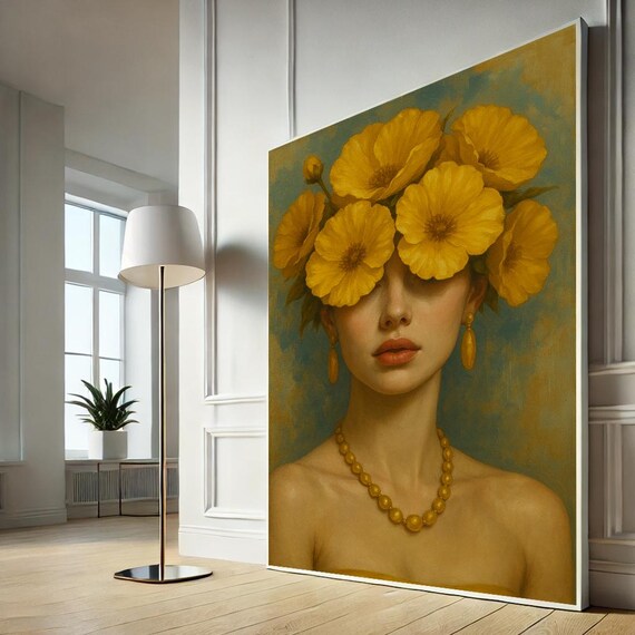 Whimsical Woman Yellow Flowers Surreal Portrait Bold Wall Decor Art Print