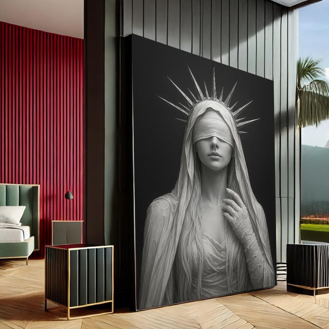 Blindfolded Woman With Spiked Halo Crown Black White Art Poster