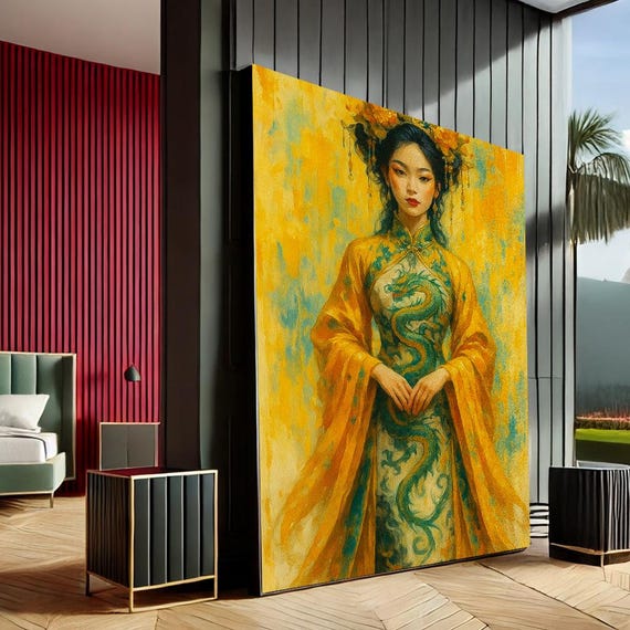 Graceful Woman Modern Portrait Canvas Wall Art Print Vibrant Yellow Bedroom Decor Statement Piece