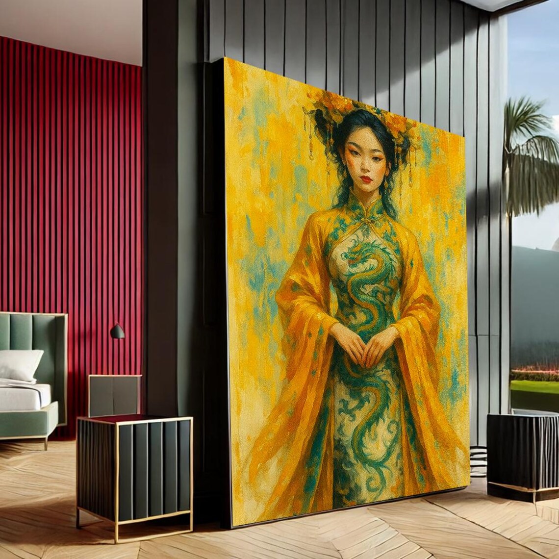 Graceful Woman in Golden Dragon Embroidered Gown Canvas Print