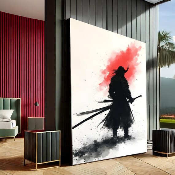 Samurai Warrior Silhouette Ink Wash Poster With Red Sun And Katana
