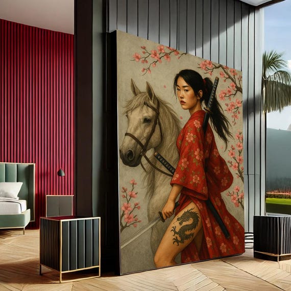 Empowering Samurai Woman Modern Canvas Wall Art Print Red Beige Living Room Decor Statement Piece