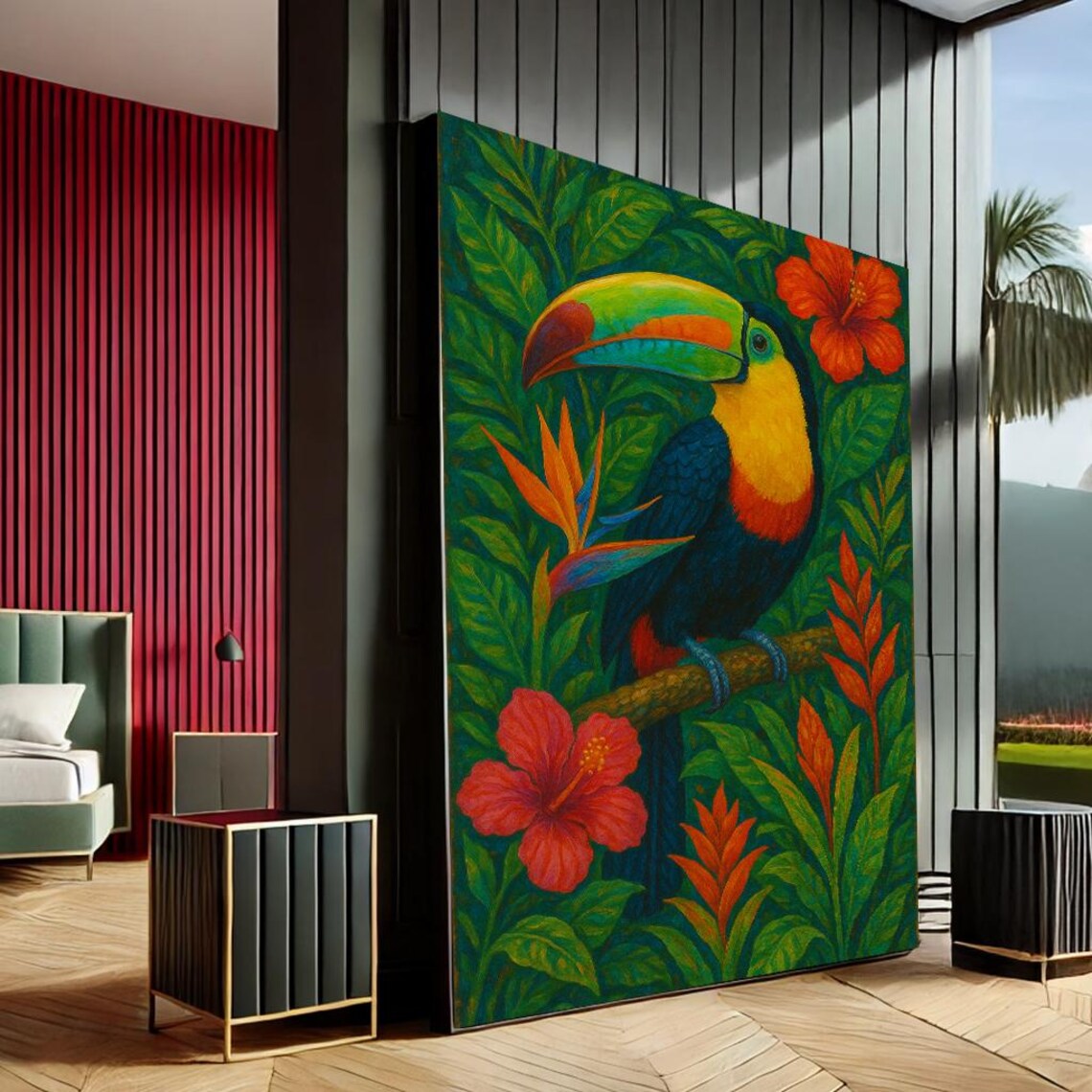 Vibrant Toucan Tropical Jungle Bird Hibiscus Flowers Colorful Wall Art