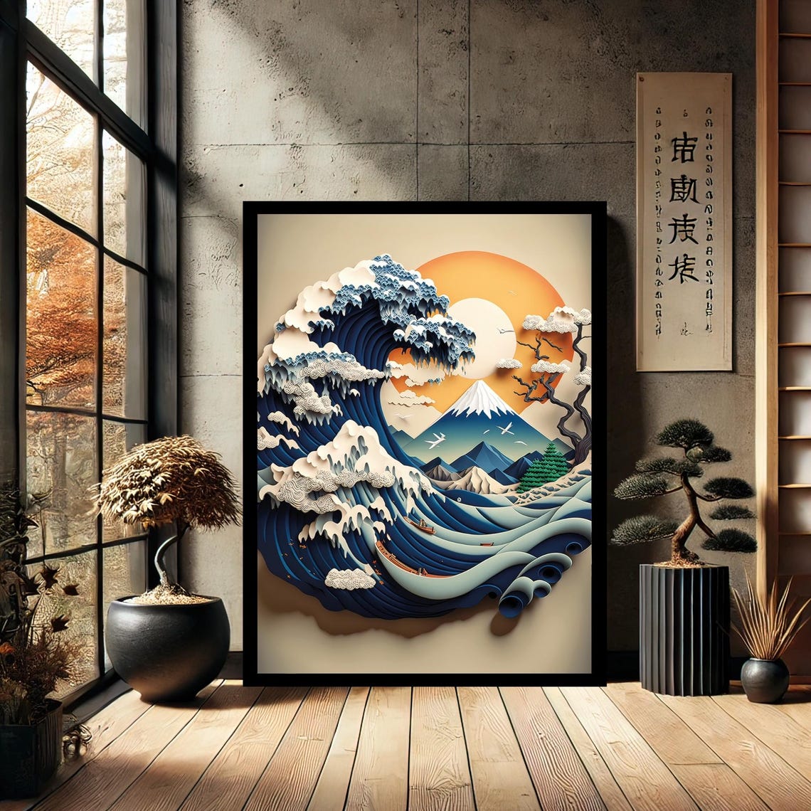 Great Wave Mount Fuji Paper Quilling Style Japanese Art Poster