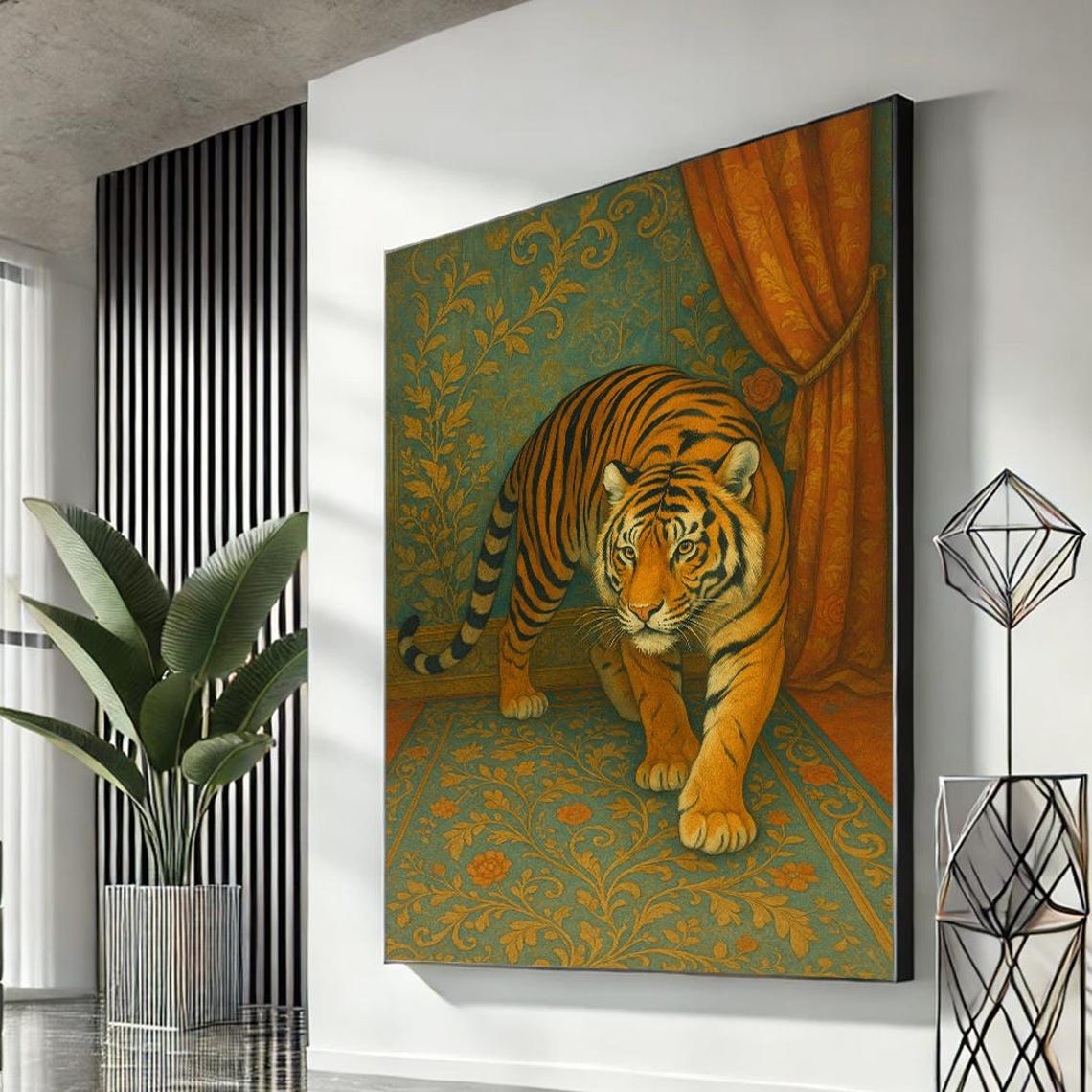 Orange Tiger Elegant Interior Damask Wallpaper Wildlife Canvas Poster