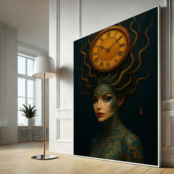 Woman With Clock In Hair Surreal Golden Time Fantasy Art Poster