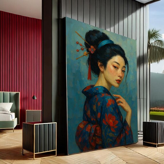 Elegant Geisha Blue Kimono Portrait Traditional Japanese Beauty Art Print