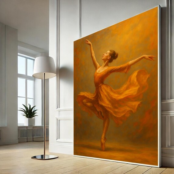 Orange Ballerina Dancer Flowing Gown Golden Ballet Art Poster