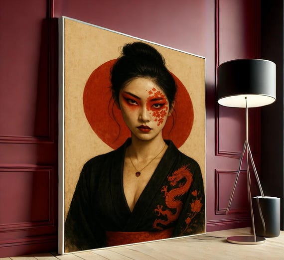 Samurai Geisha Japanese Dragon Canvas Wall Art Warrior Woman Print Red Makeup Portrait Poster Ready To Hang Home Decor