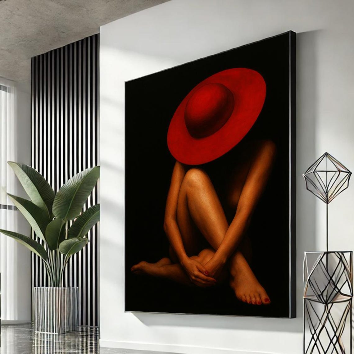 Woman in Red Hat Sitting Portrait Bold Black Background Modern Poster