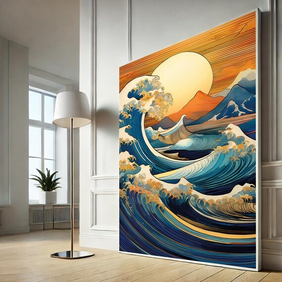 The Great Wave With Golden Sunrise Japanese Style Ocean Canvas Poster