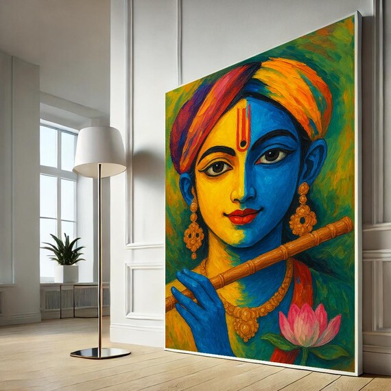 Vibrant Blue Krishna Canvas Wall Art Captivating Spiritual Living Room Decor Ready To Hang Culture Gift