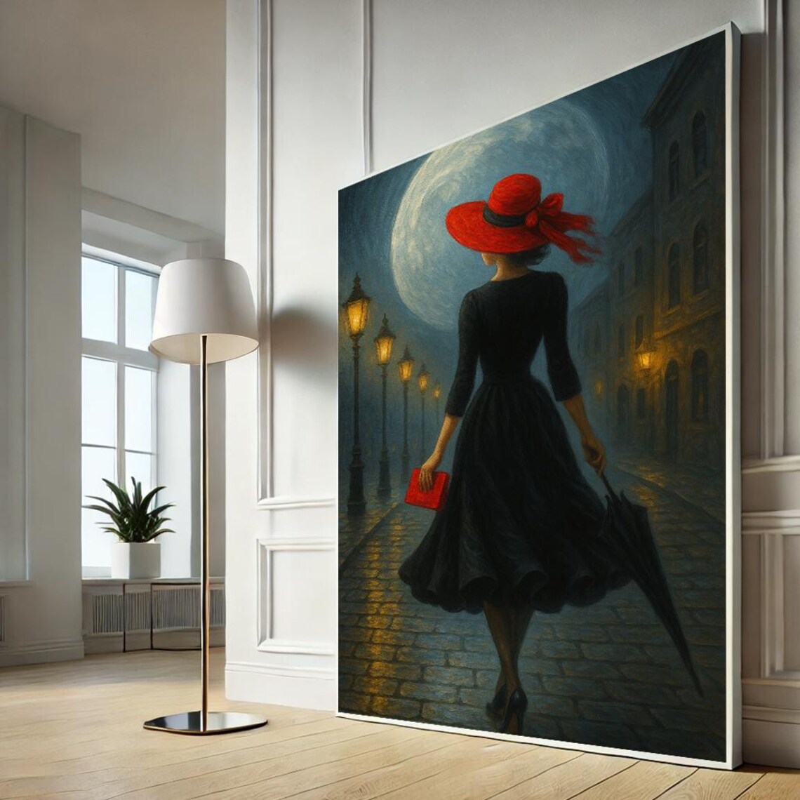 Moody Woman in Red Hat Night Street Romantic Oil Painting Poster